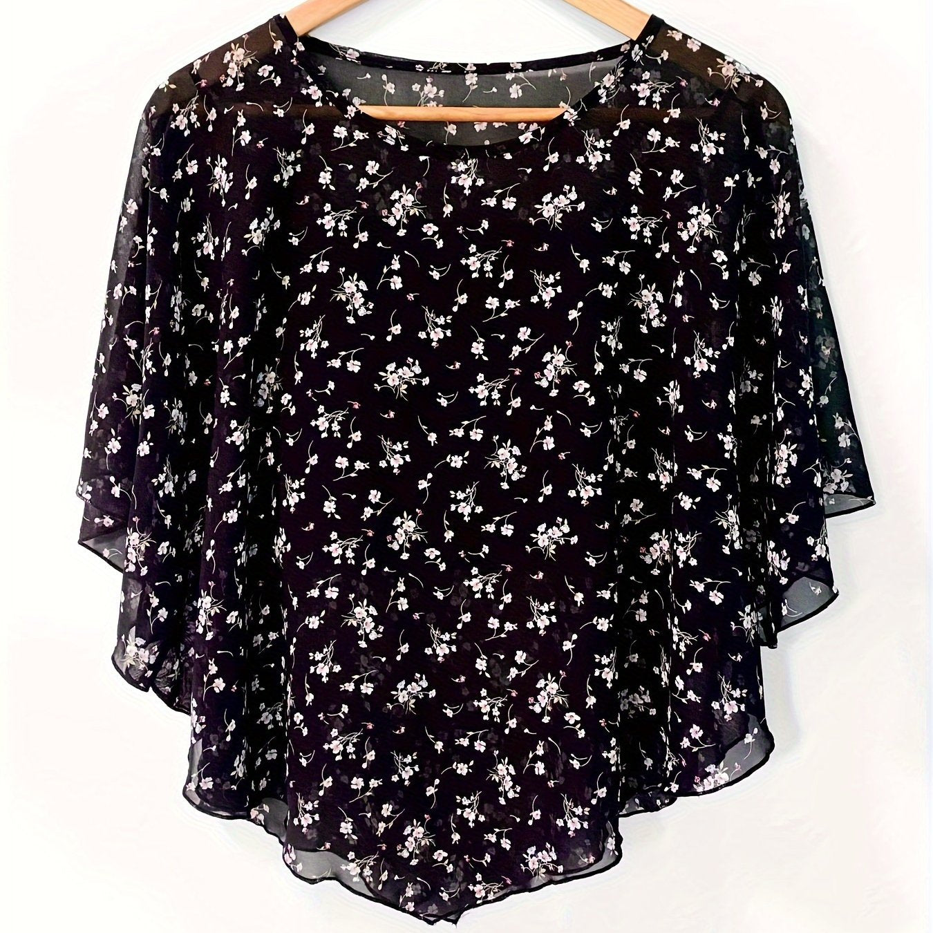 Floral Print Asymmetrical Blouse for Women Sheer Sleeves Sun Protection Beachwear