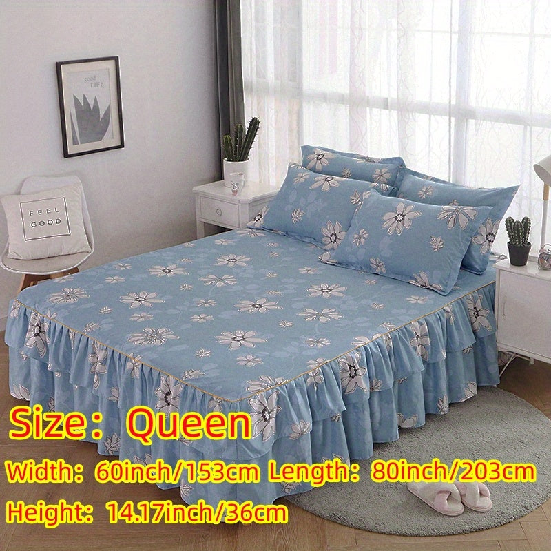 Three-Piece Macrame Bed Skirt Set with Flower Print Non-Slip Bedding for All Seasons