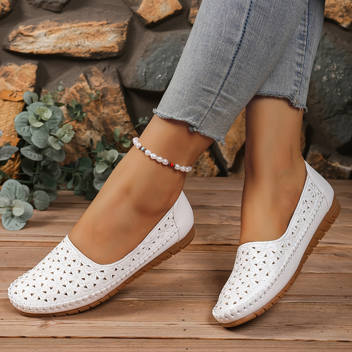 Women's White Cut-Out Slip-On Flats Synthetic Casual Shoes TPR Sole