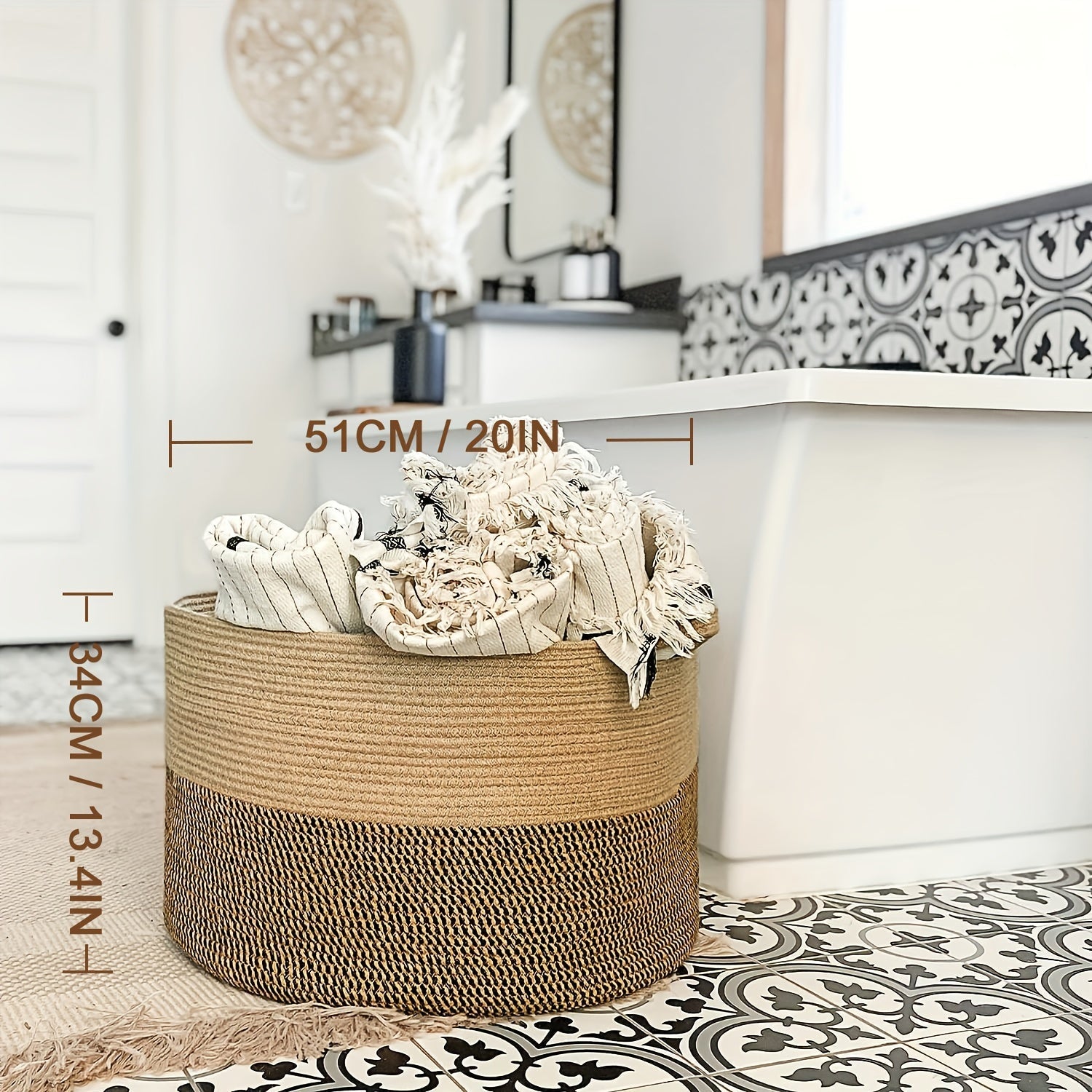 Qora jute to'rilgan saqlash savati, tutqichlar bilan, 90L, kir yuvish, o'yinchoqlar va tashkilot uchun