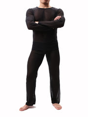 Conjunto de ropa de descanso de manga larga y tela transparente para hombre, de color sólido, poliéster y spandex