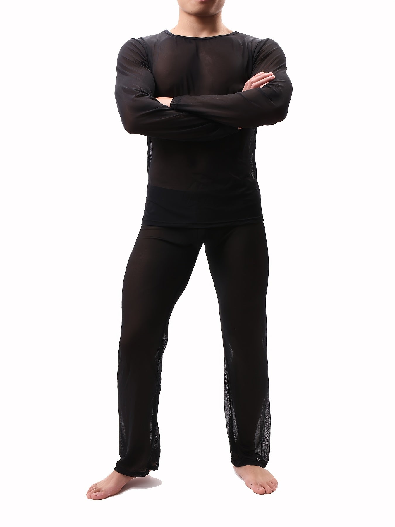 Conjunto de ropa de descanso de manga larga y tela transparente para hombre, de color sólido, poliéster y spandex