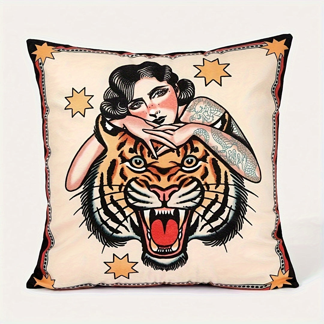 Square Cushion Cover Modern Tiger and Figure Design Soft Polyester Knit 45.72x45.72 cm