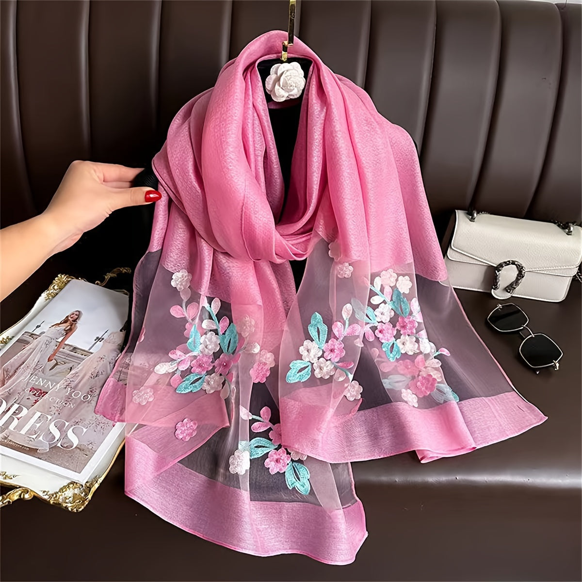 Women's Travel Scarf Flower Embroidered Sun Protection Lightweight Breathable
