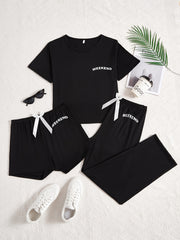 Women's Letter Print Casual Pajama Set Short Sleeve Top Shorts Pants All-Season