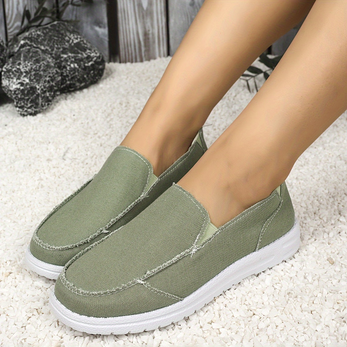 Women's Green Fabric Slip-On Loafers with Rubber Sole Comfortable Flats