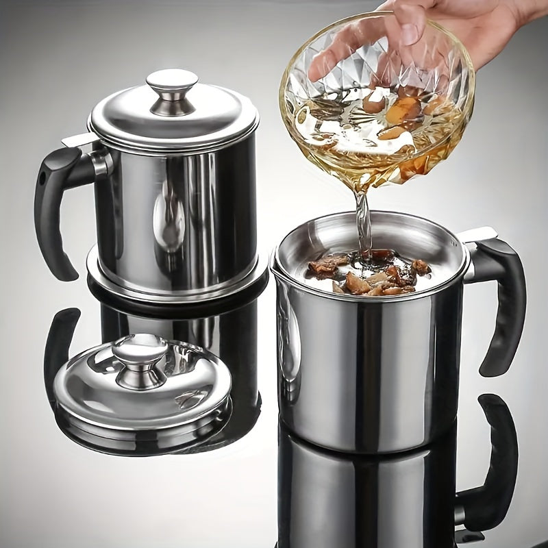 Stainless Steel Oil Filter Jug with Strainer 60oz Kitchen Storage Tank