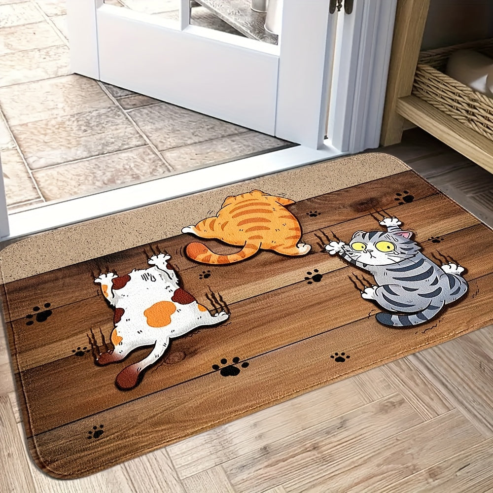 Cartoon Kitten Escape Door Mat Non-Slip Stain-Resistant Polyester Indoor Outdoor