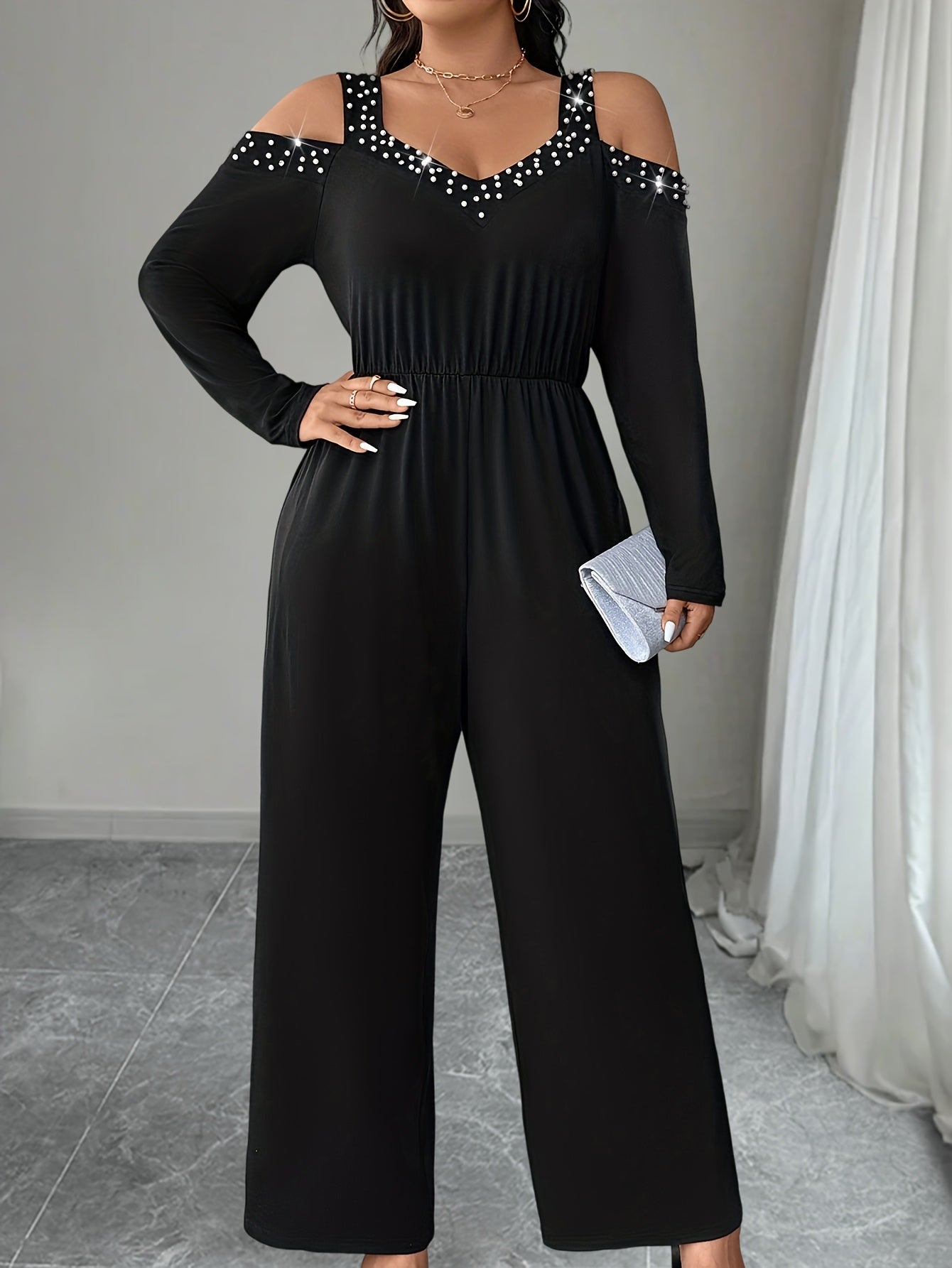 Plus Size Solid Cold Shoulder Jumpsuit Beaded Cinched Waist Women