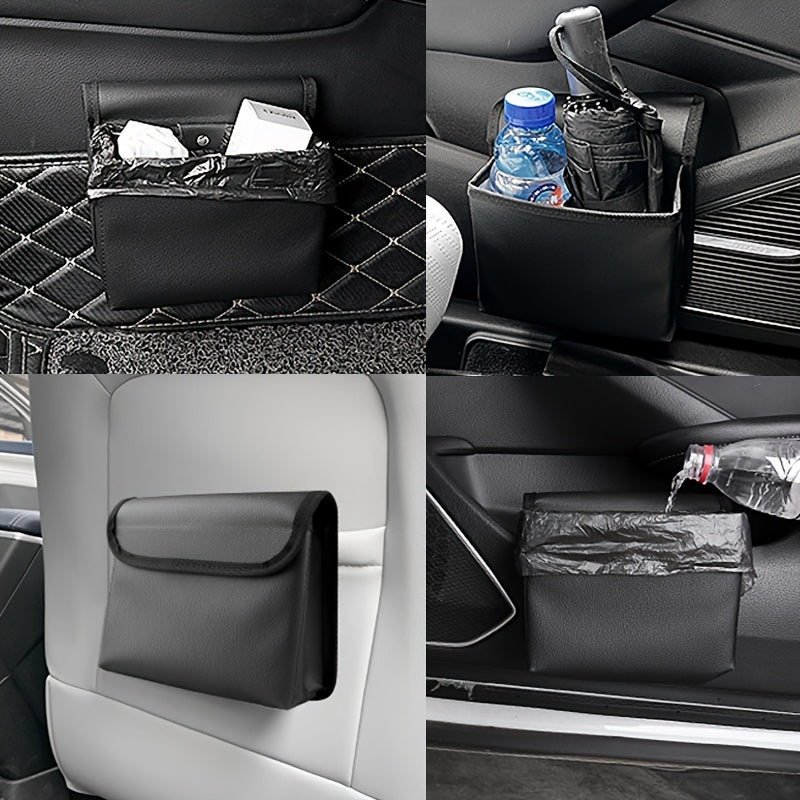 Organizador de almacenamiento para coche, cubo de basura, plegable, con soporte de cuero para respaldo de asiento