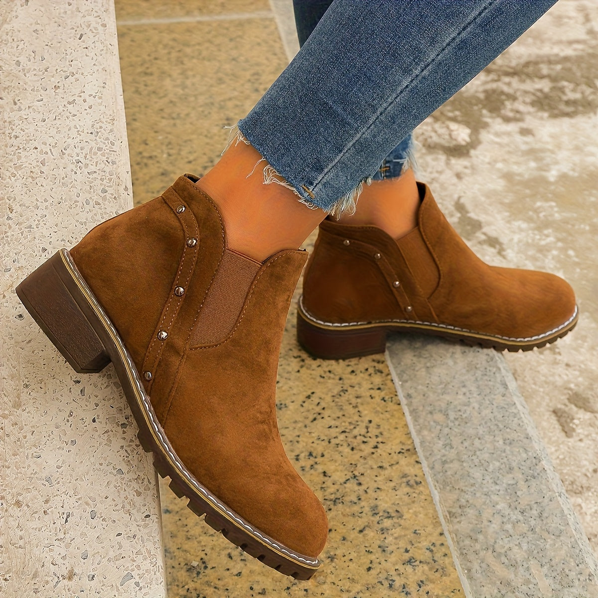 Women's Black Chunky Mid-Heel Boots with Round Toe Zipper Non-Slip