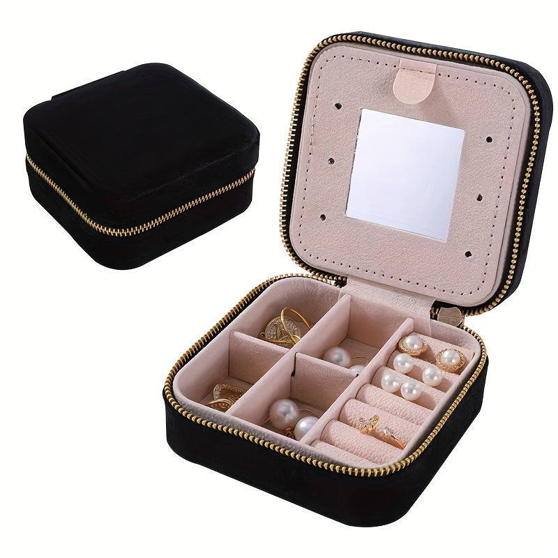Velvet Jewelry Box with Mirror and Dual-Layer Zippered Storage for Accessories
