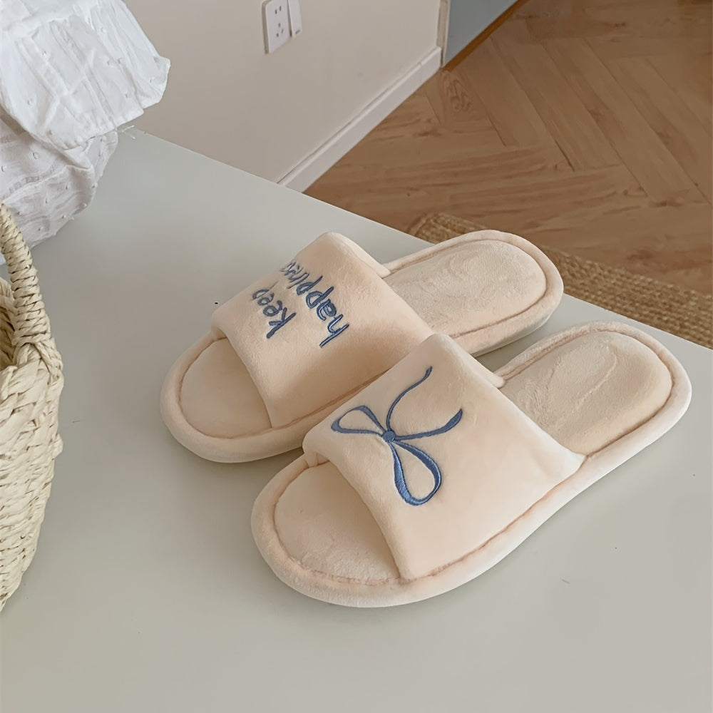 Women's Winter Slip-On Slippers Soft Fabric Indoor House Shoes in Black and Beige