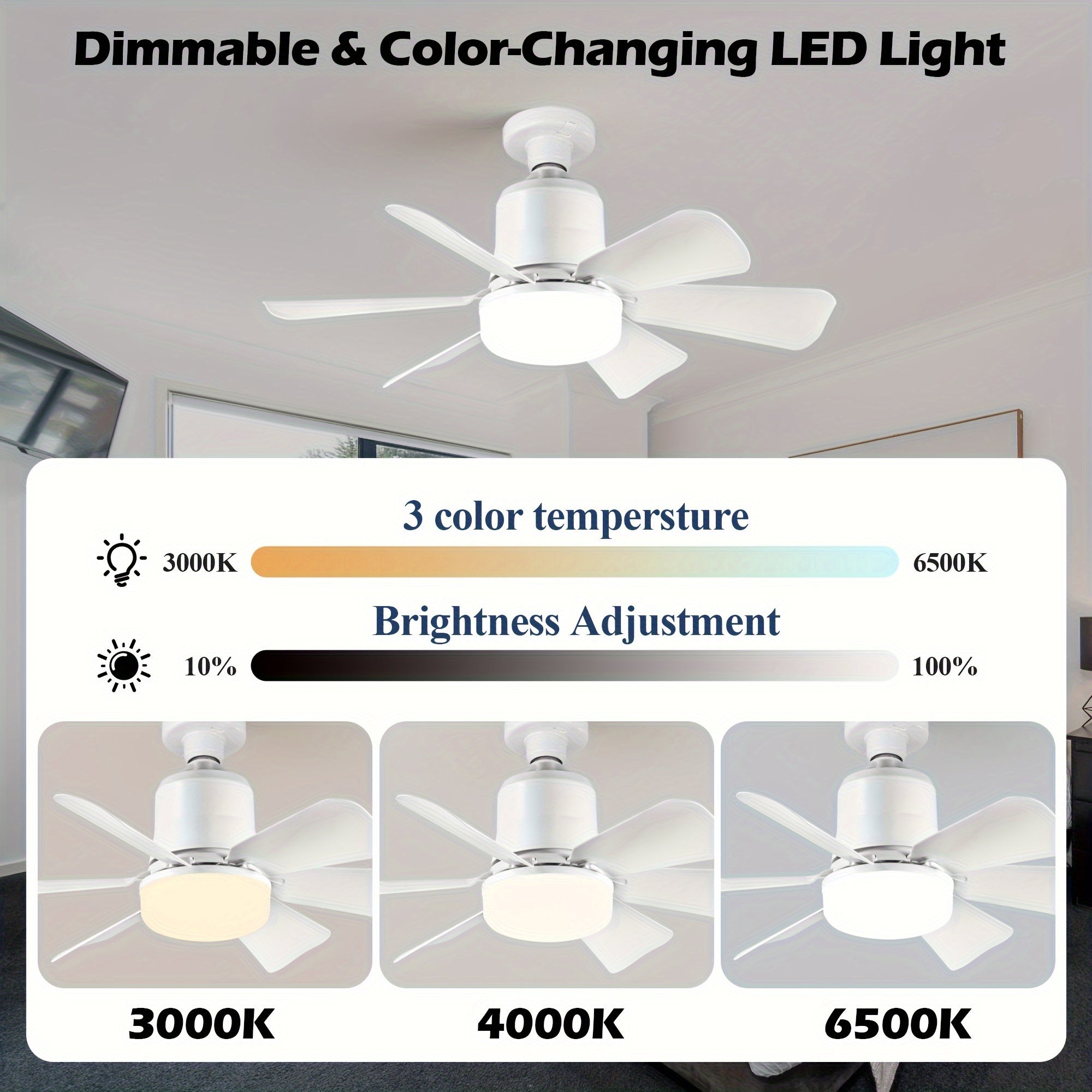 Masofadan boshqarish bilan Dual-pack oq E26/E27 vintli rozetka fan chiroqlari oson o'rnatish uchun. 3 tezlikli shamol sozlamasi, 3 rang va sozlanadigan 3000-6500k LED chiroq bilan xususiyatlarga ega. Ideal uchun