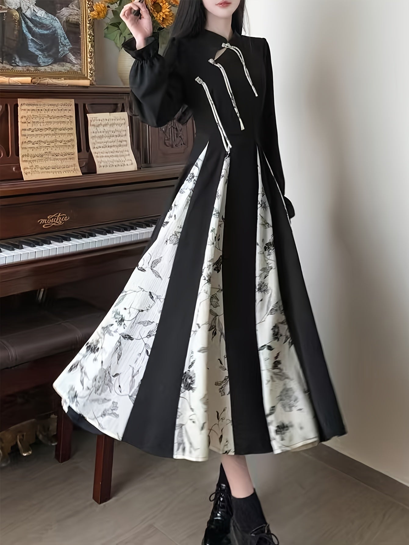 Women's Long Cheongsam Dress Lantern Sleeve Polyester Flared Party Holiday