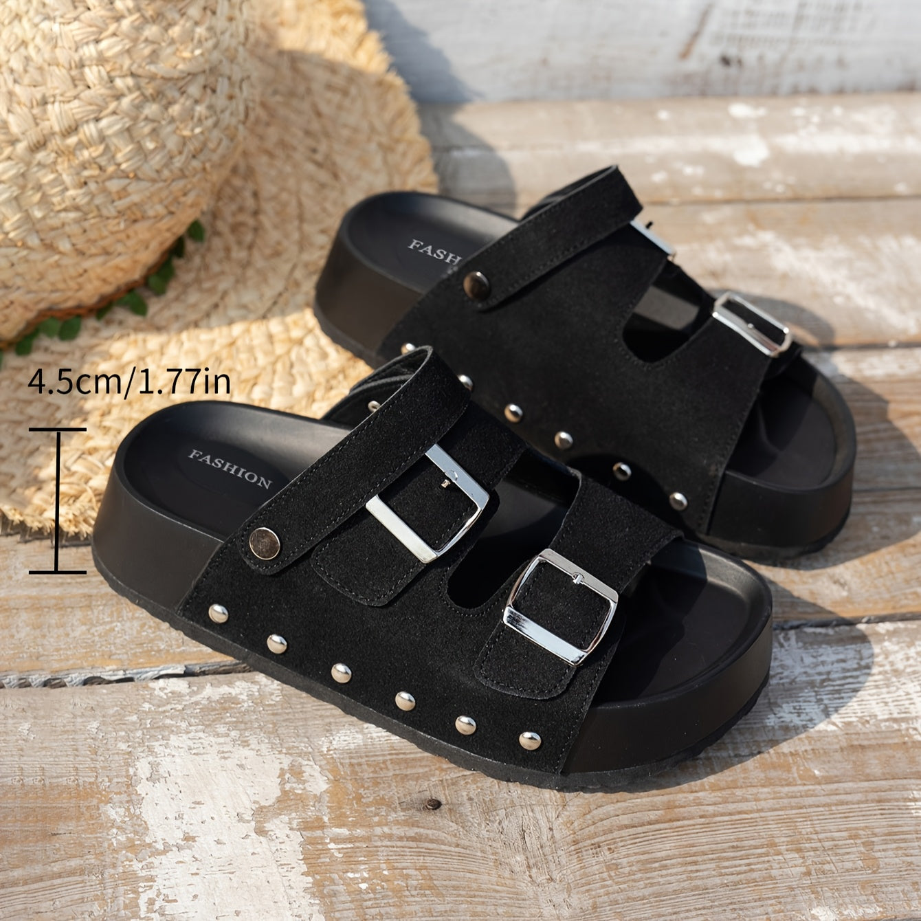 Women's Summer Faux Leather Open Toe Sandals with Thick Sole and Double Buckle Straps