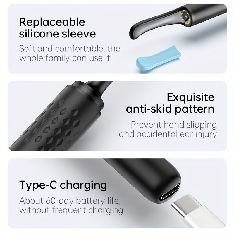 Vizual quloq tozalash to'plami 7 vosita, 6 almashtiriladigan bosh, 1080P kamera, quloq yo'lida ko'rinadigan sochlar, zaryadlanadigan qosh, ideal quloq tozalash sovg'asi.