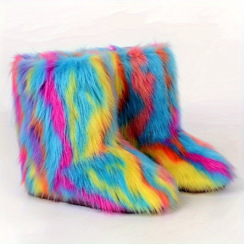 Women's Plush Faux Fur Mid-Calf Boots, Oversized, Harajuku Style
