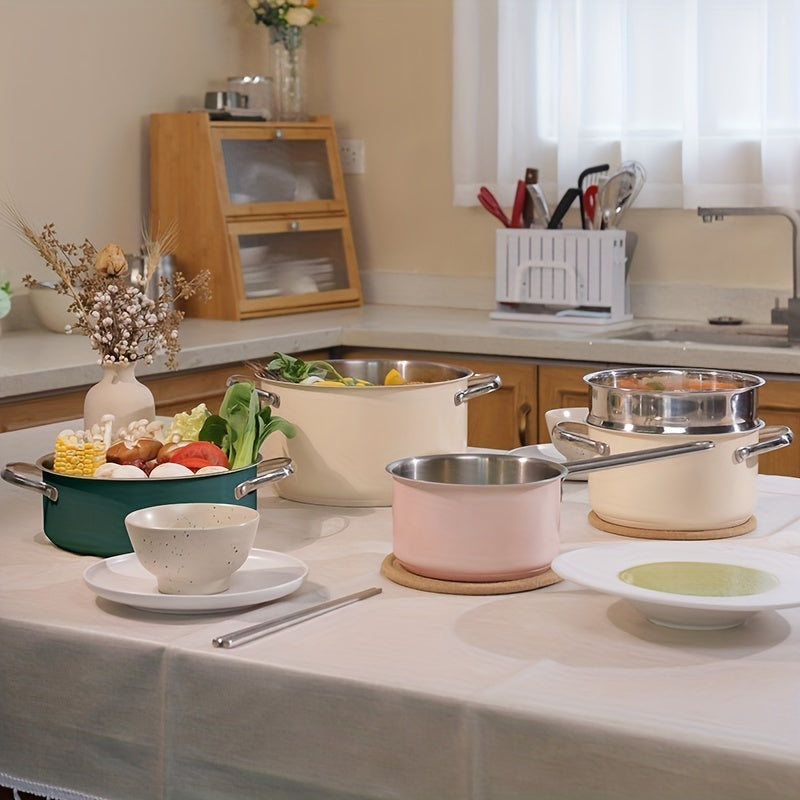 Stainless Steel Cookware Set with Sauce Pan Soup Pot Casserole and Steamer in Beige White Pink Green