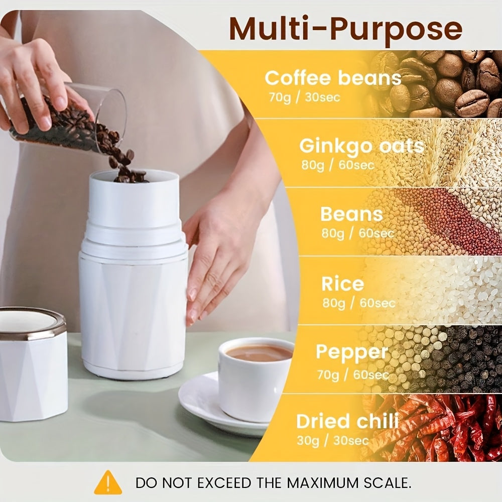 Kofe donalari, ziravorlar, yong‘oqlar va chili qalampirlari uchun ko‘p funksiyali elektr maydalagich, zanglamaydigan po‘latdan yasalgan pichoq bilan. Zamonaviy qora dizaynda oson bir bosish bilan ishlash.