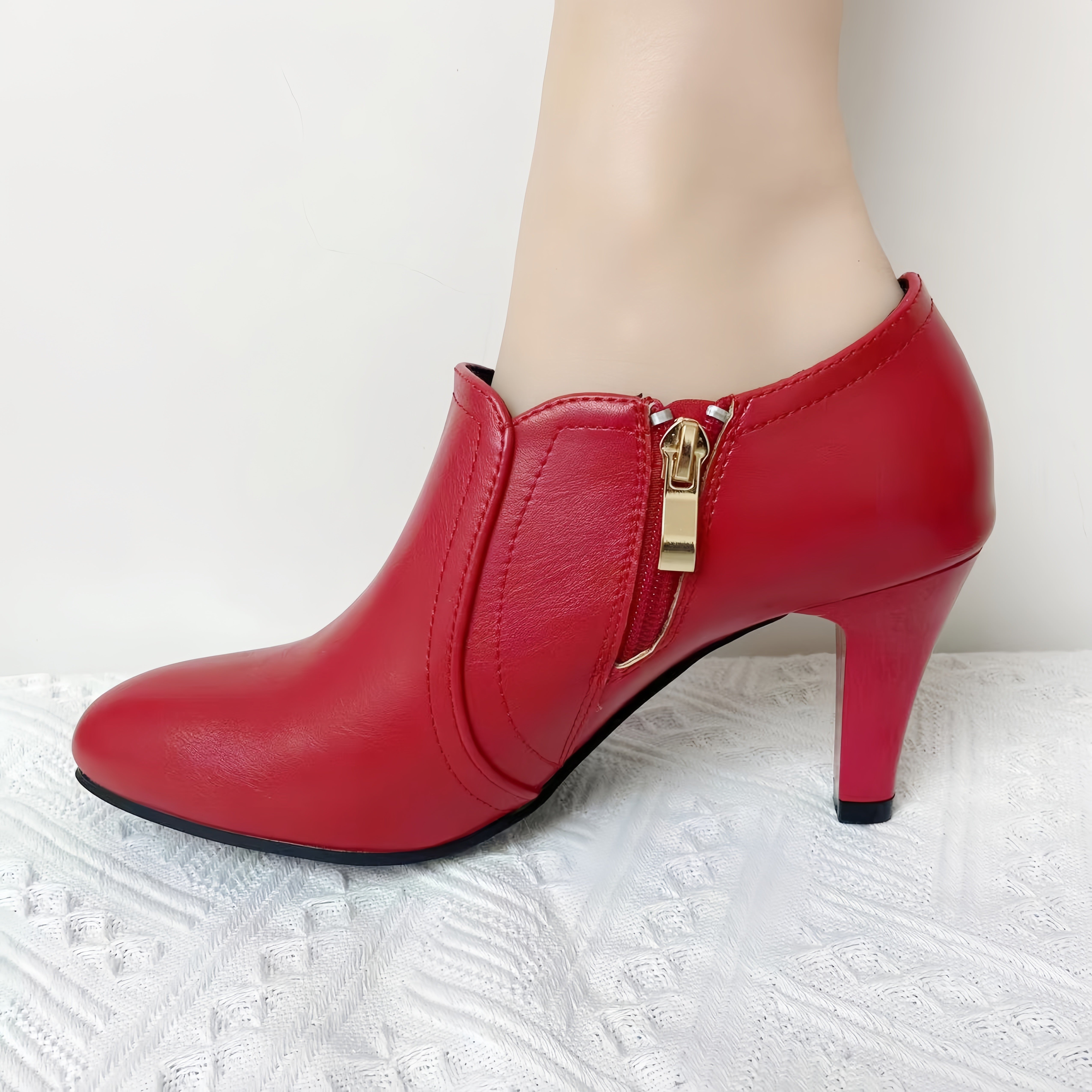 Women's Solid Color Block Heeled Boots with Side Zipper Dress Shoes