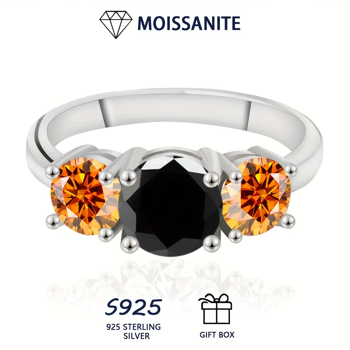 Sterling Silver Promise Ring Set with Orange Moissanite Stones and Black Moissanite Accent