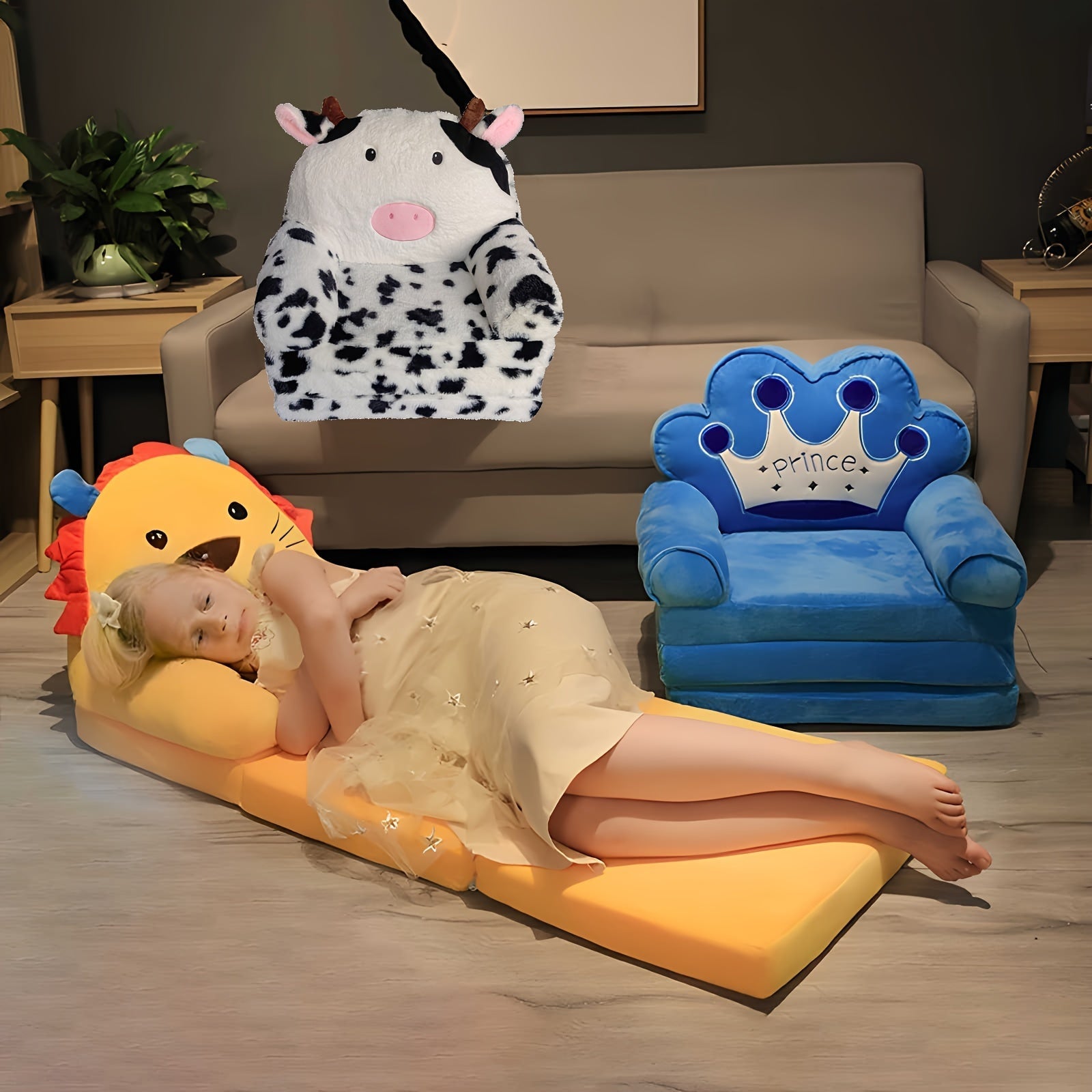 Sofá plegable para niños con cojín, azul, espuma viscoelástica suave, lavable a máquina