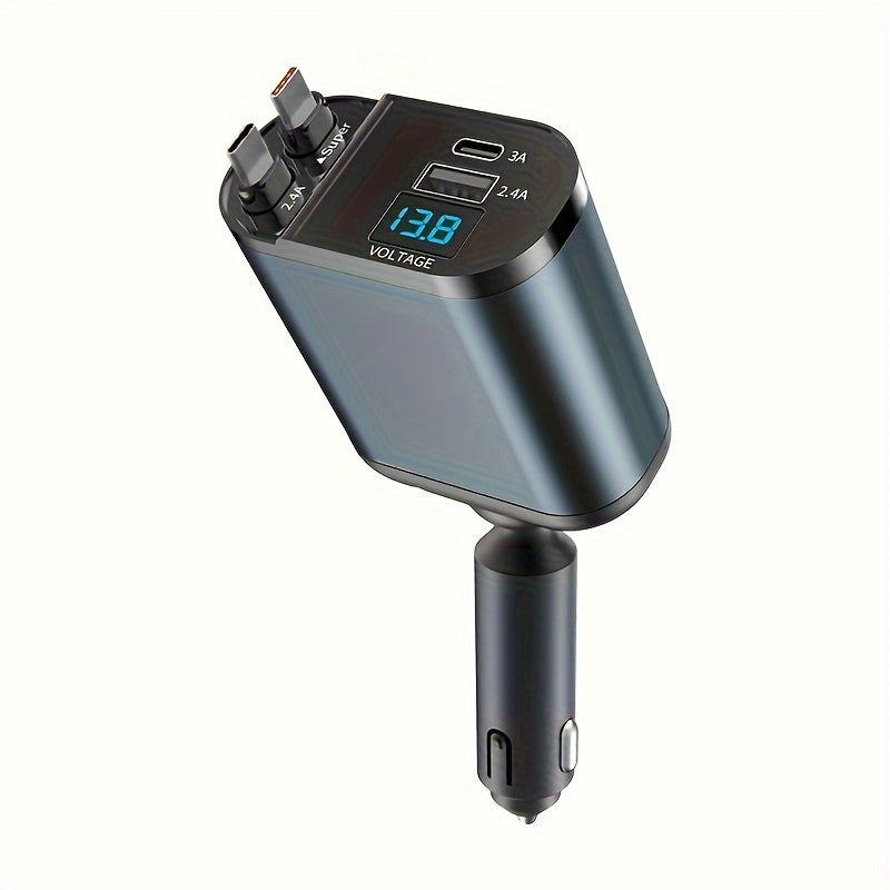 Cargador de coche de aleación de aluminio retráctil 4 en 1 con carga rápida y adaptador USB