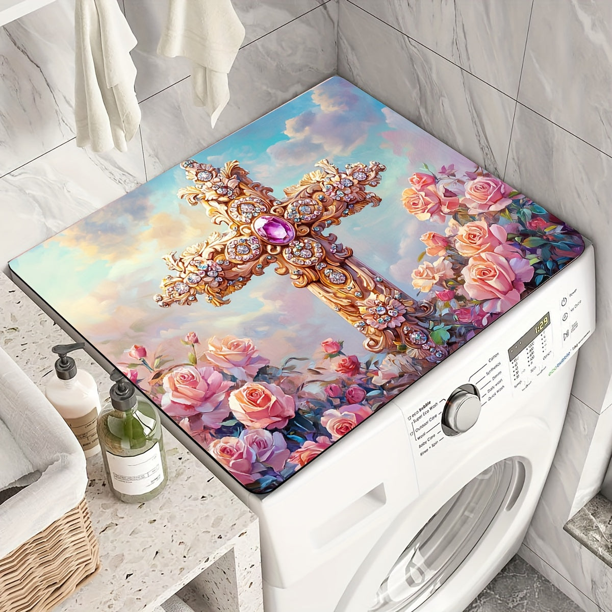 Rose Printed Washing Machine Dust Cover with Non-Slip Top Mat for Laundry Room
