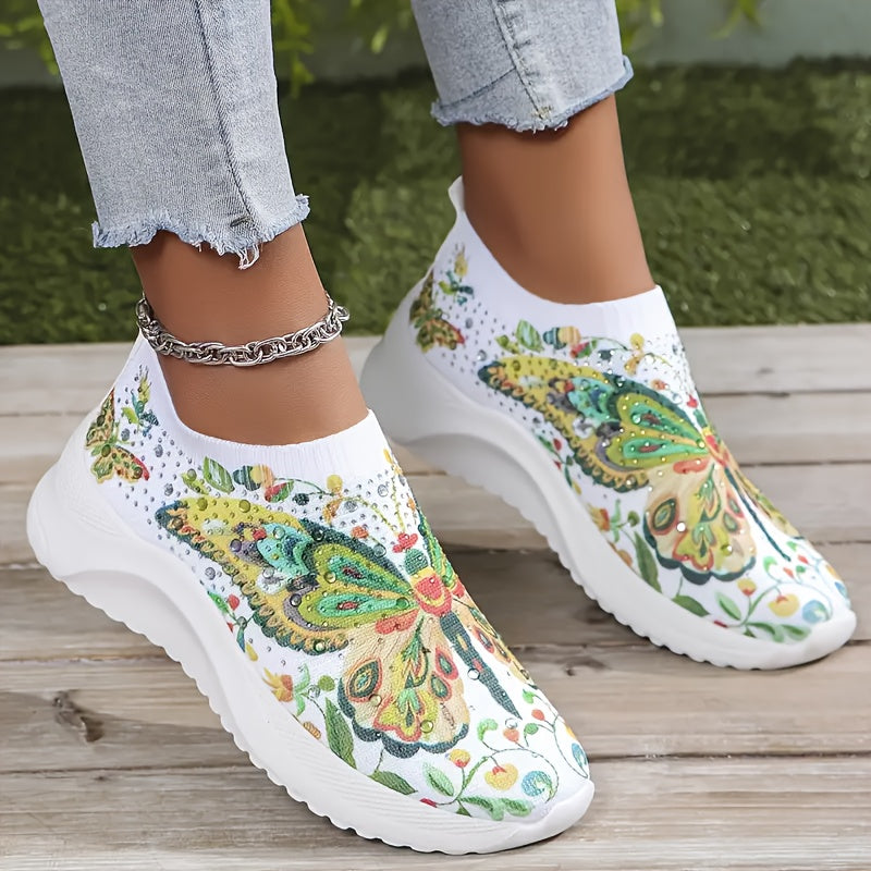 Plus-Size Women's Butterfly Slip-On Sneakers Lightweight Breathable Rhinestone