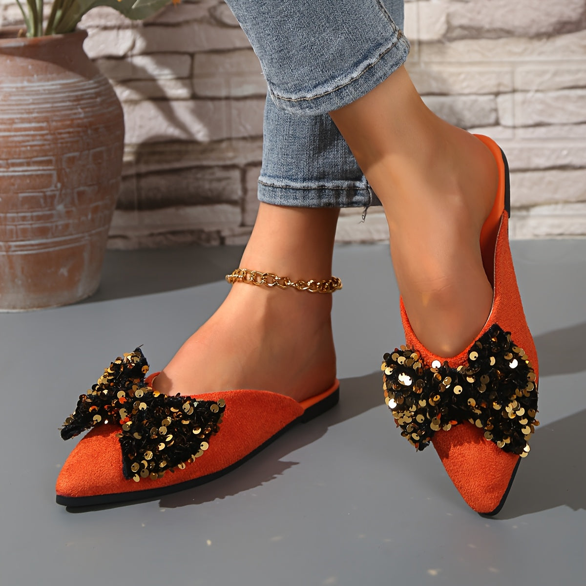 Zapatos planos de punta con lazo para mujer con parte superior de tela y suela de goma