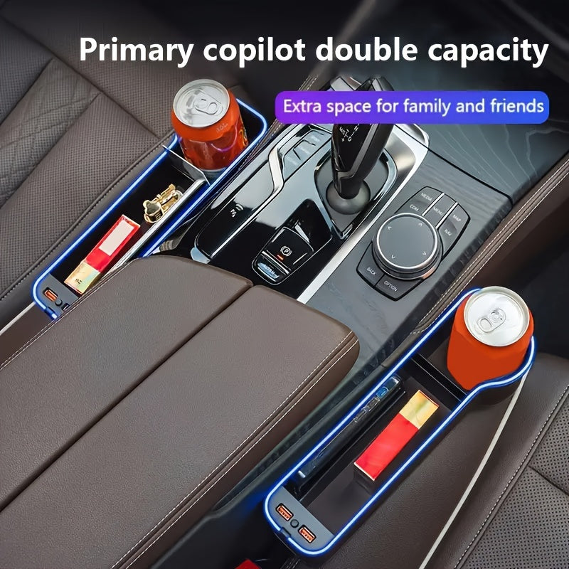 Universal Faux Leather Seat Crevice Organizer with Ambient Light and USB Charging