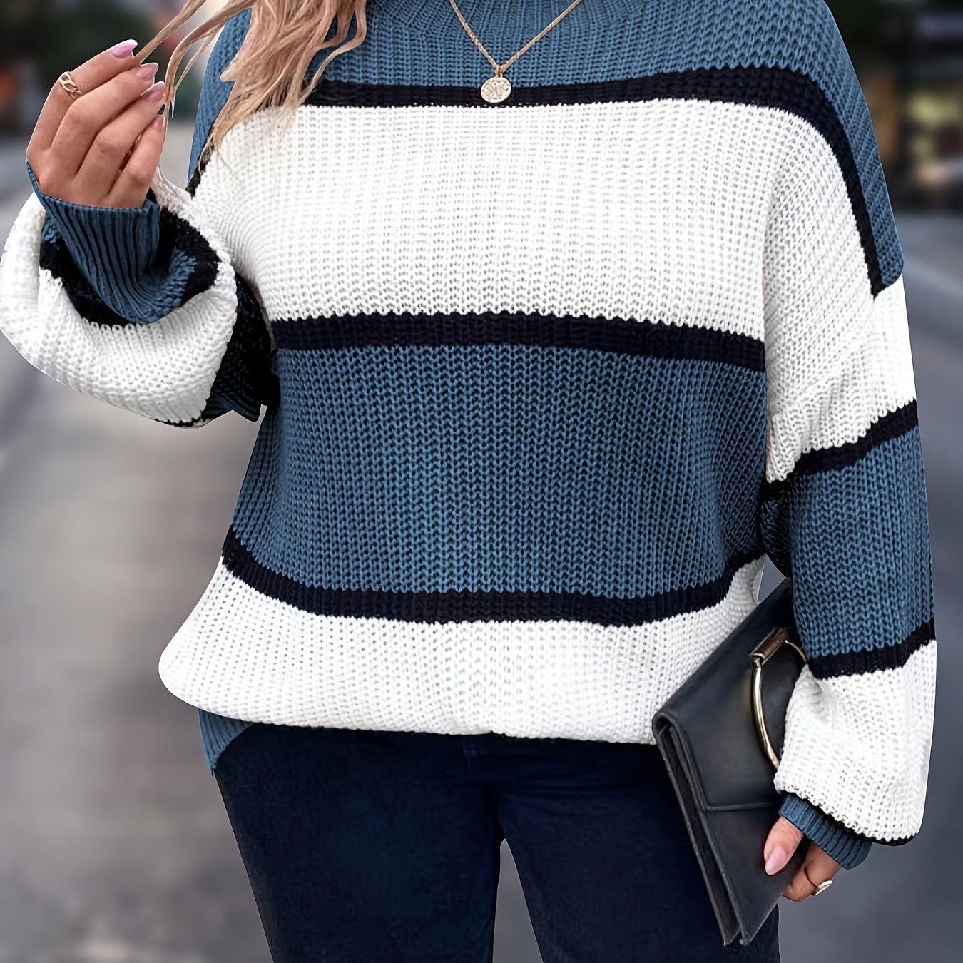 Plus Size Women's Striped Turtleneck Sweater Long Sleeve Winter Top