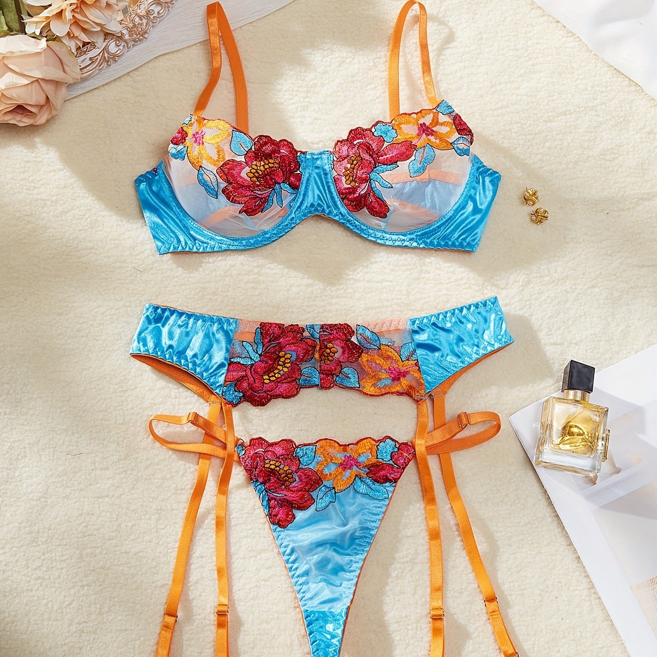 Conjunto de lencería para mujer con bordado floral en bloque de colores, sujetador de malla, cinturilla de liga y tanga
