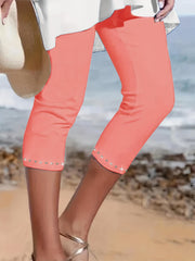 Plus Size Rhinestone Decor Capri Leggings High Waist Stretchy Spring Summer Women