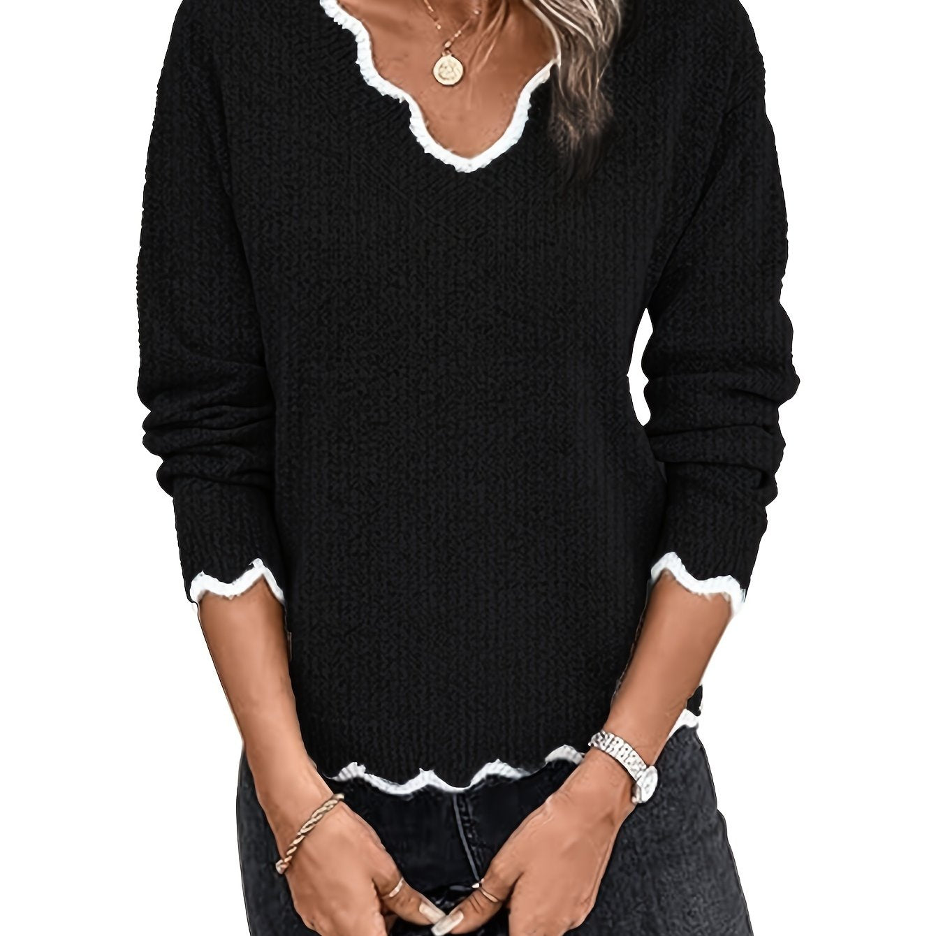 Plus Size Women's V Neck Sweater With Contrast Trim Long Sleeve Fall Winter Clothing