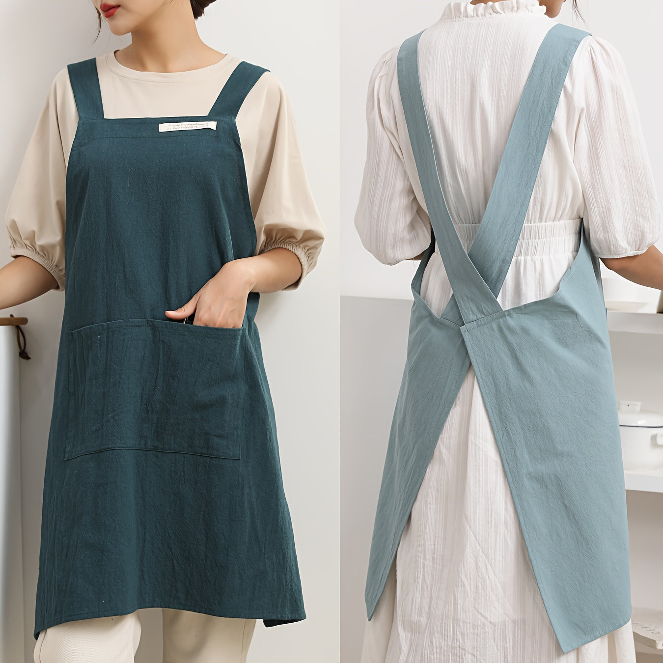 Linen Apron with Cross Straps and Pockets for Gardening Cooking Baking Painting