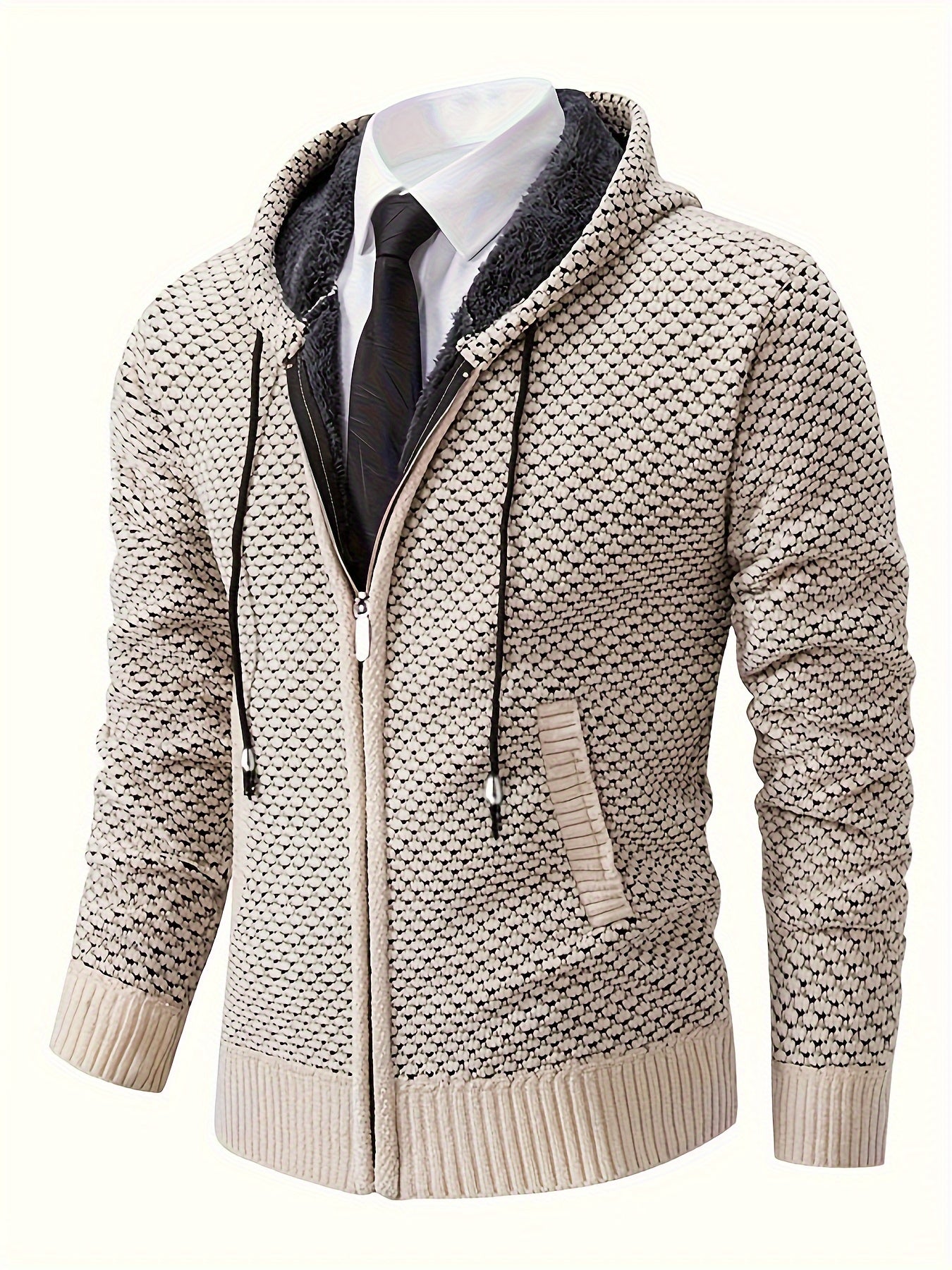 Men's Fish Scales Knit Cardigan with Hood Pockets Long Sleeve Fall Winter Polyester