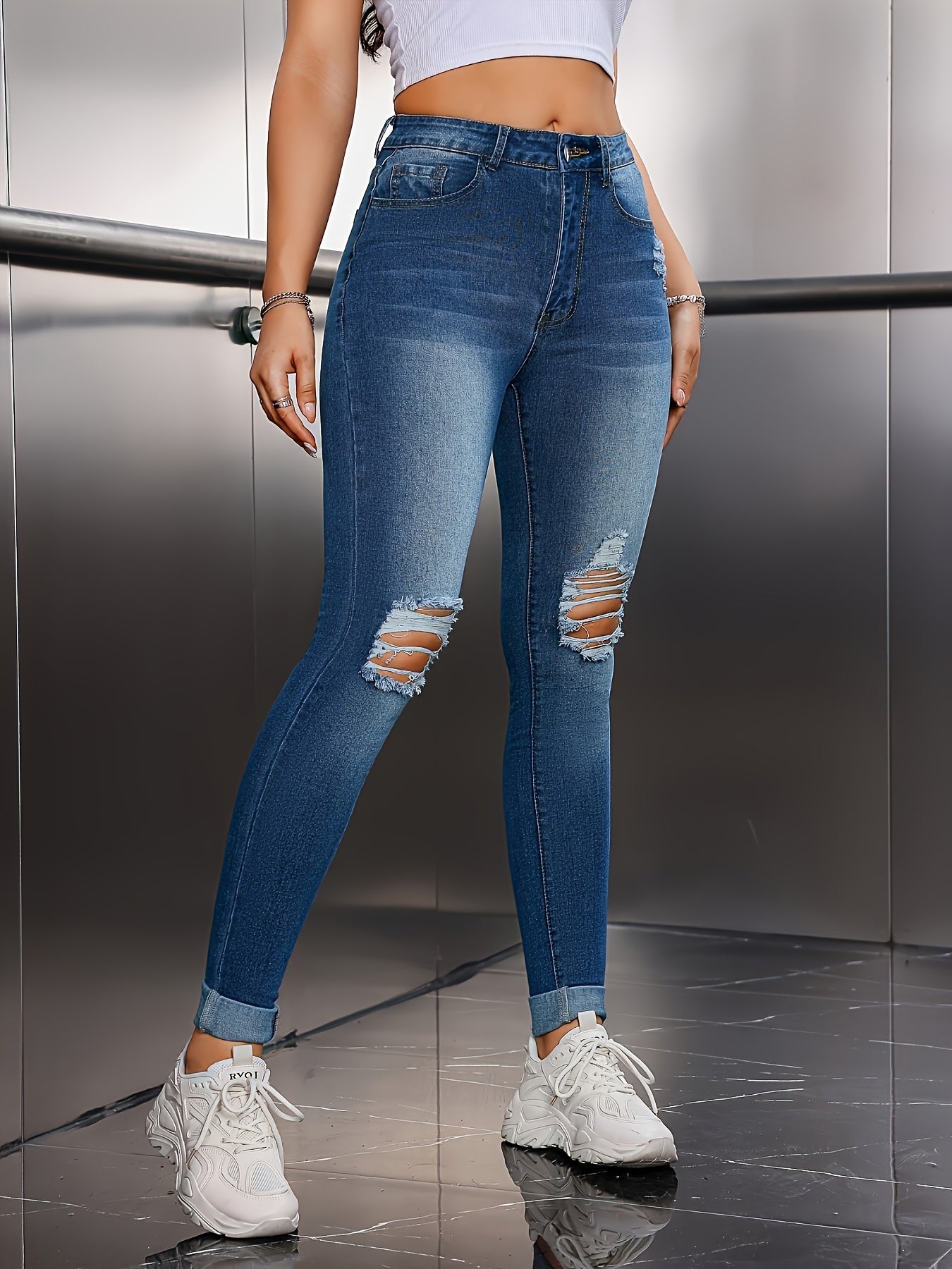 Women Plus Size Distressed Denim Jeans with Rolled Hem Light Blue Stretchy Casual