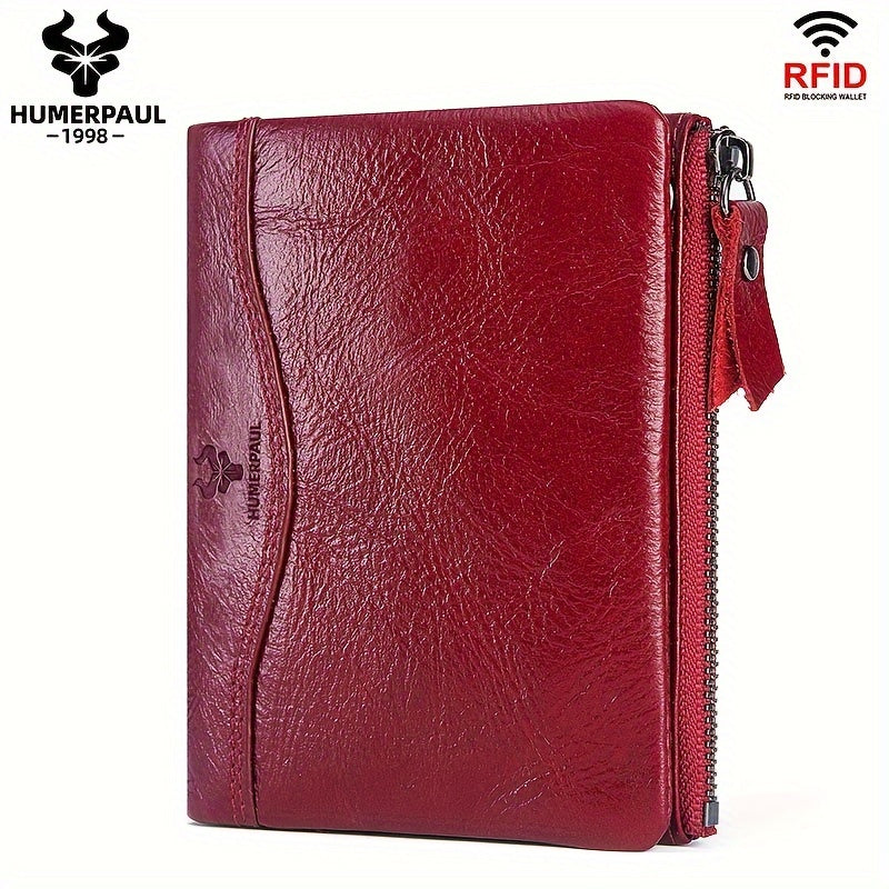 Women's RFID Blocking Red Leather Vintage Wallet with Zipper Closure