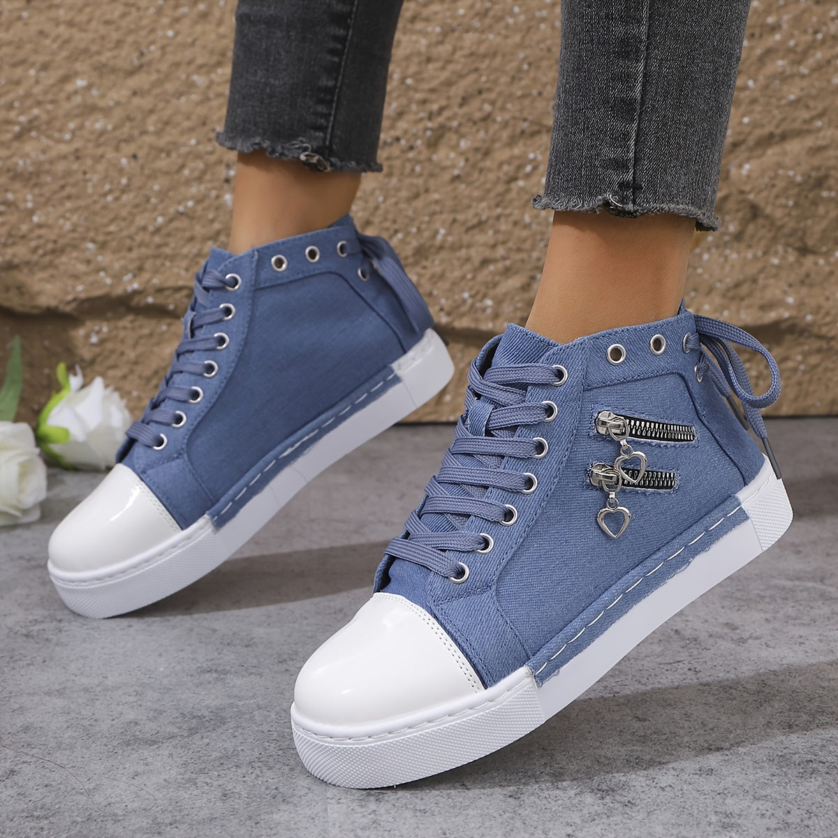 Youth Women Canvas Sneakers with Double Zippers and Laces for Outdoor Activities