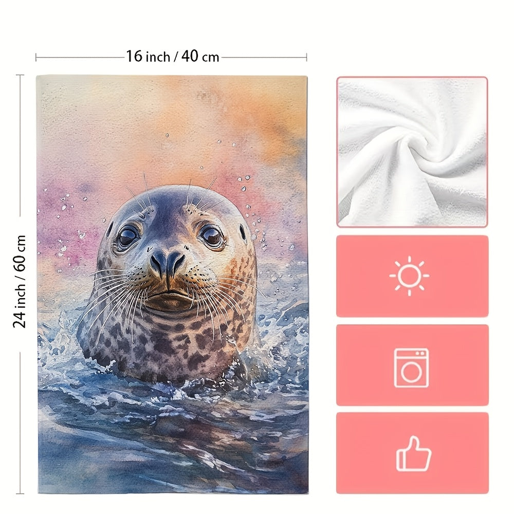 Ikkita Coastal Seal akvarel oshxona sochiqlari ultra yumshoq polyesterdan tayyorlangan, yuqori singdiruvchi va mashinada yuvish mumkin. Ushbu zamonaviy to'rtburchakli idish qo'l sochiqlari uy bezatish uchun mukammal, o'lchamlari 40.64x60.96 sm.