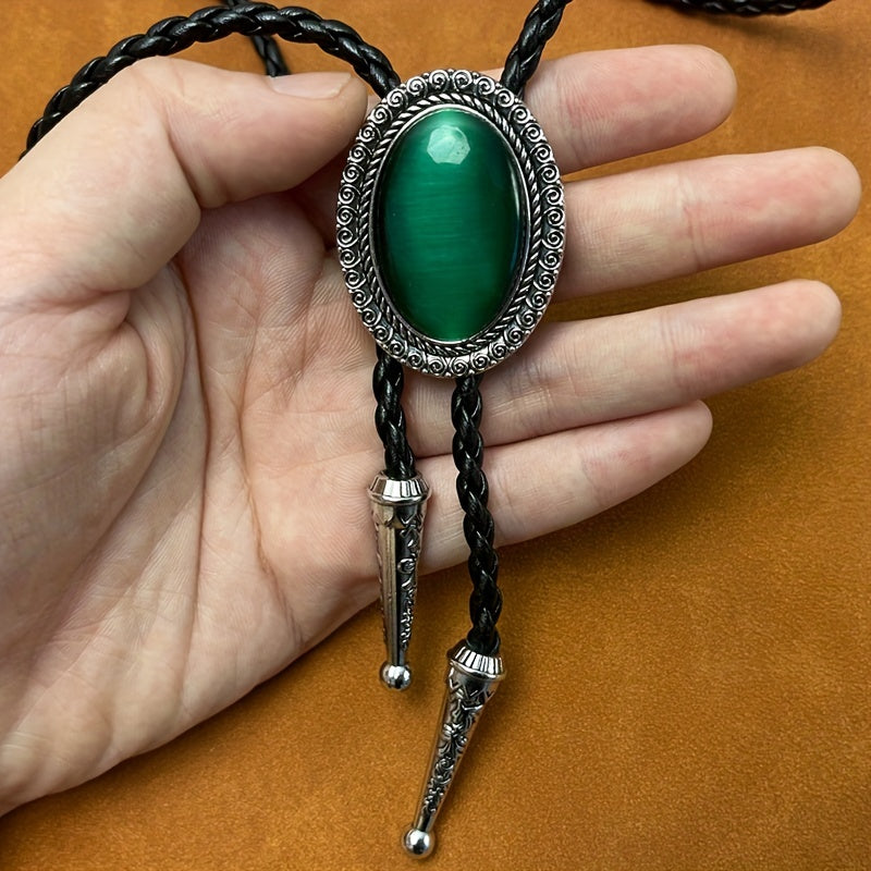 Men's Vintage Style Bolo Tie with Emerald Metal Accent for Western Shirts