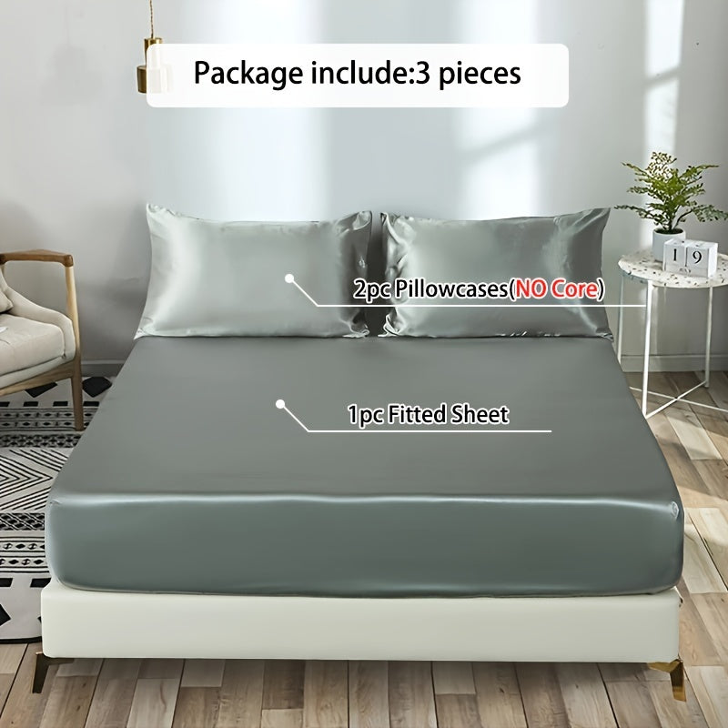 Set of 3 Solid Color Fitted Sheets and Pillowcases Bedding Set Queen Size