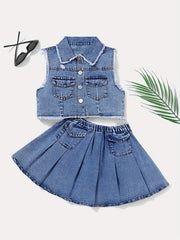 Girls Denim Set Medium-Large Size Solid Color Woven Peplum Spring Summer Fall
