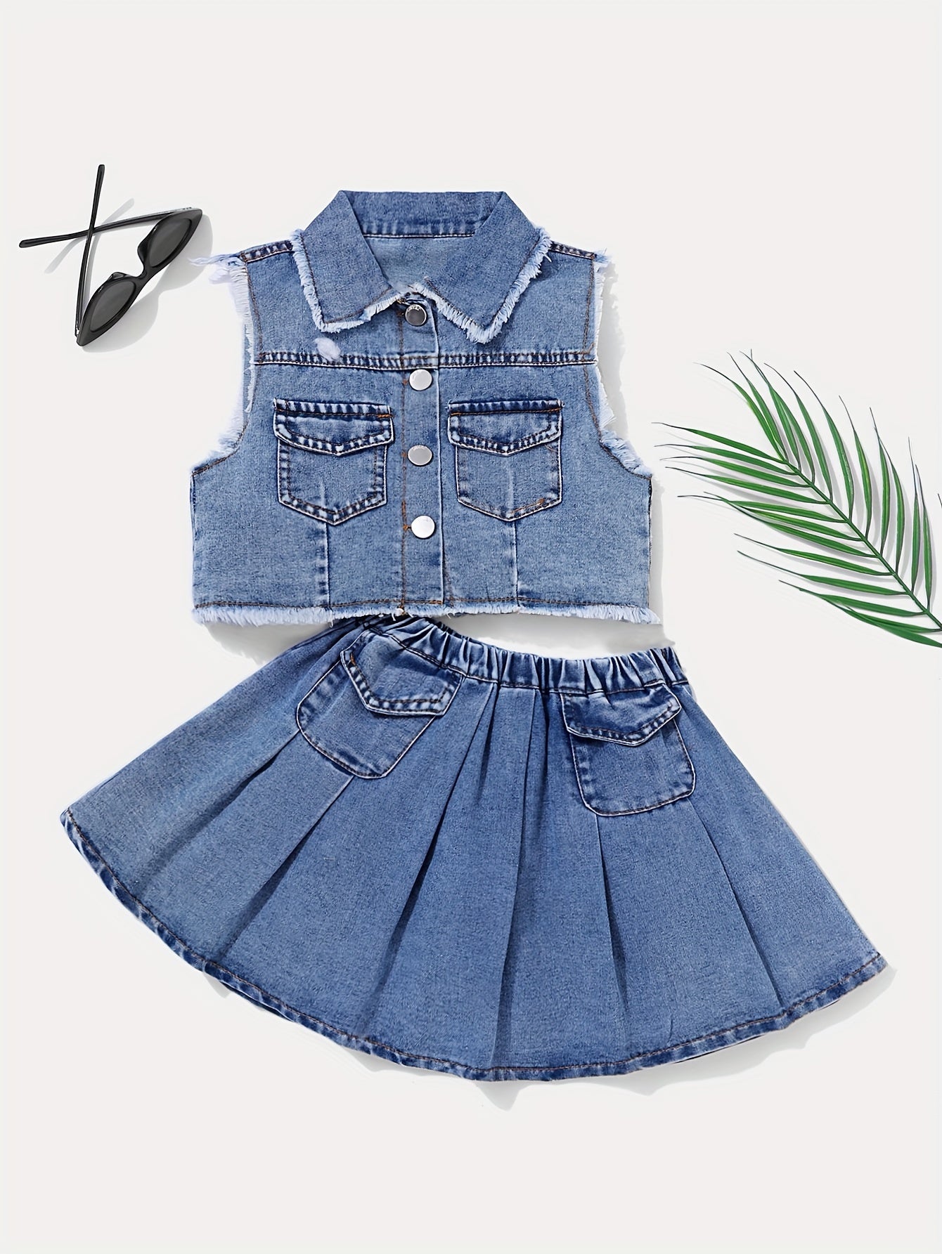 Girls Denim Set Medium-Large Size Solid Color Woven Peplum Spring Summer Fall