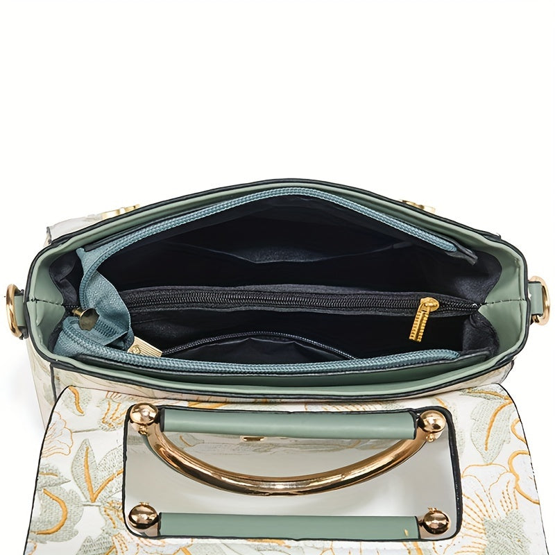 Large Capacity Floral Embroidered Crossbody Bag with Zipper Closure and Polyester Lining