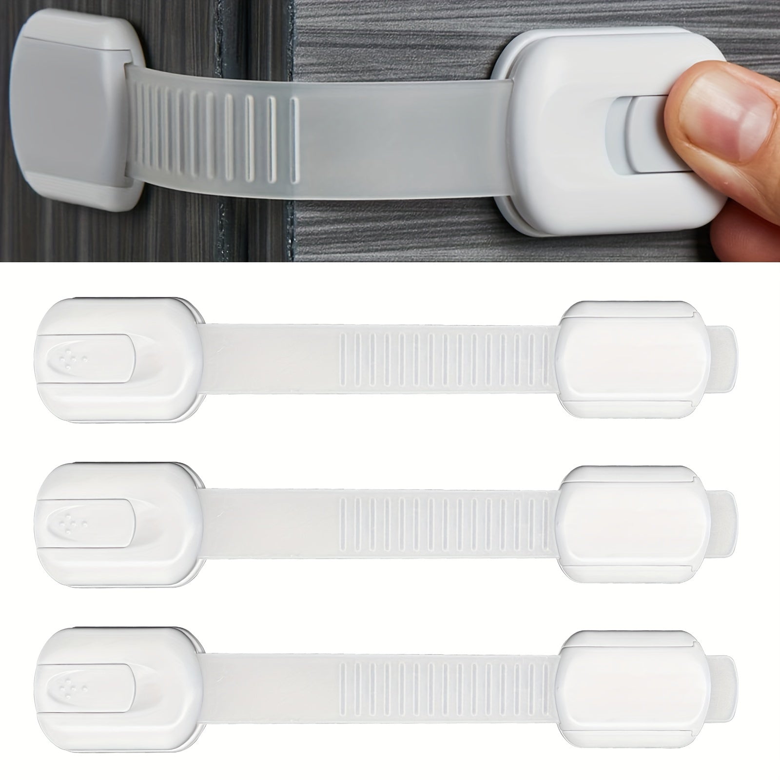 Juego de 3 cerraduras de seguridad para armarios a prueba de niños, correas ajustables para cajones, sin taladro, con adhesivo