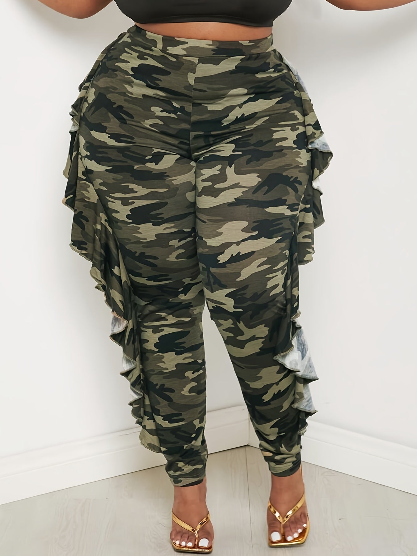 Leggings de camuflaje de talla grande para mujer de cintura alta, no transparente, pantalones cálidos