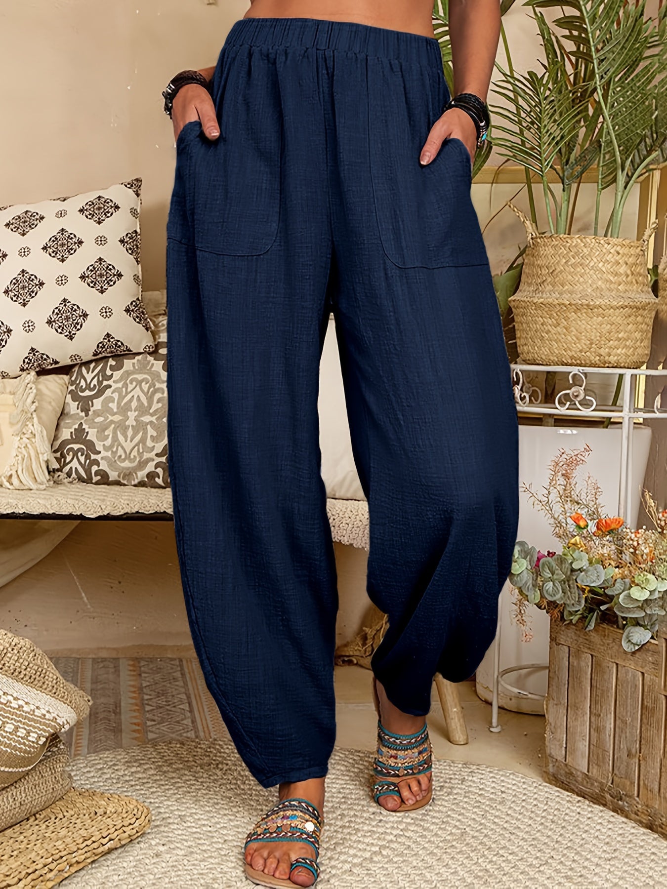 Plus Size Polyester Harem Pants with Elastic Waist Pockets for All Seasons